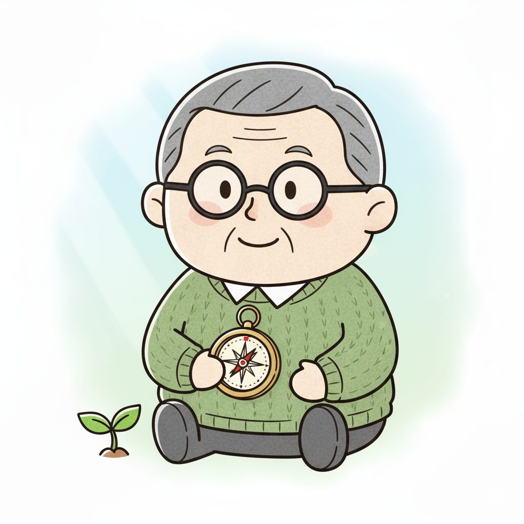 「小さな変化の道しるべ」サイト運営者のぬいぐるみキャラクター。穏やかな表情でコンパスを手にし、困難を乗り越える知恵を表現。