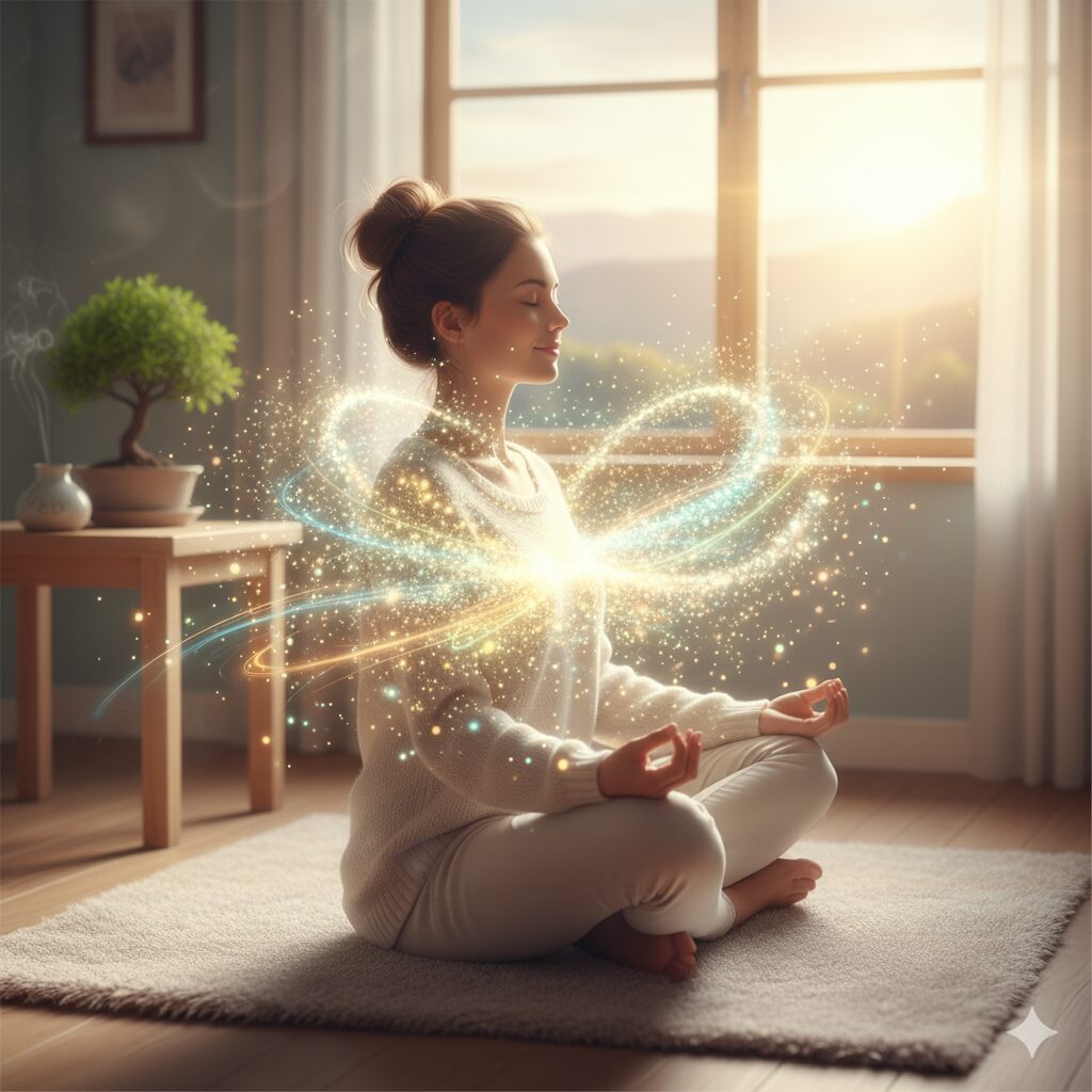 部屋がきれいになった中で女性が座って瞑想しているイメージ画像