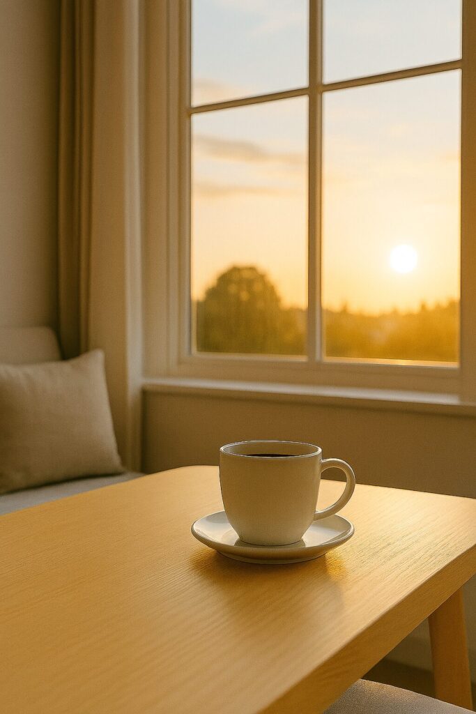 - 家事代行によって心の余裕が生まれたことを表す朝のイメージ画像