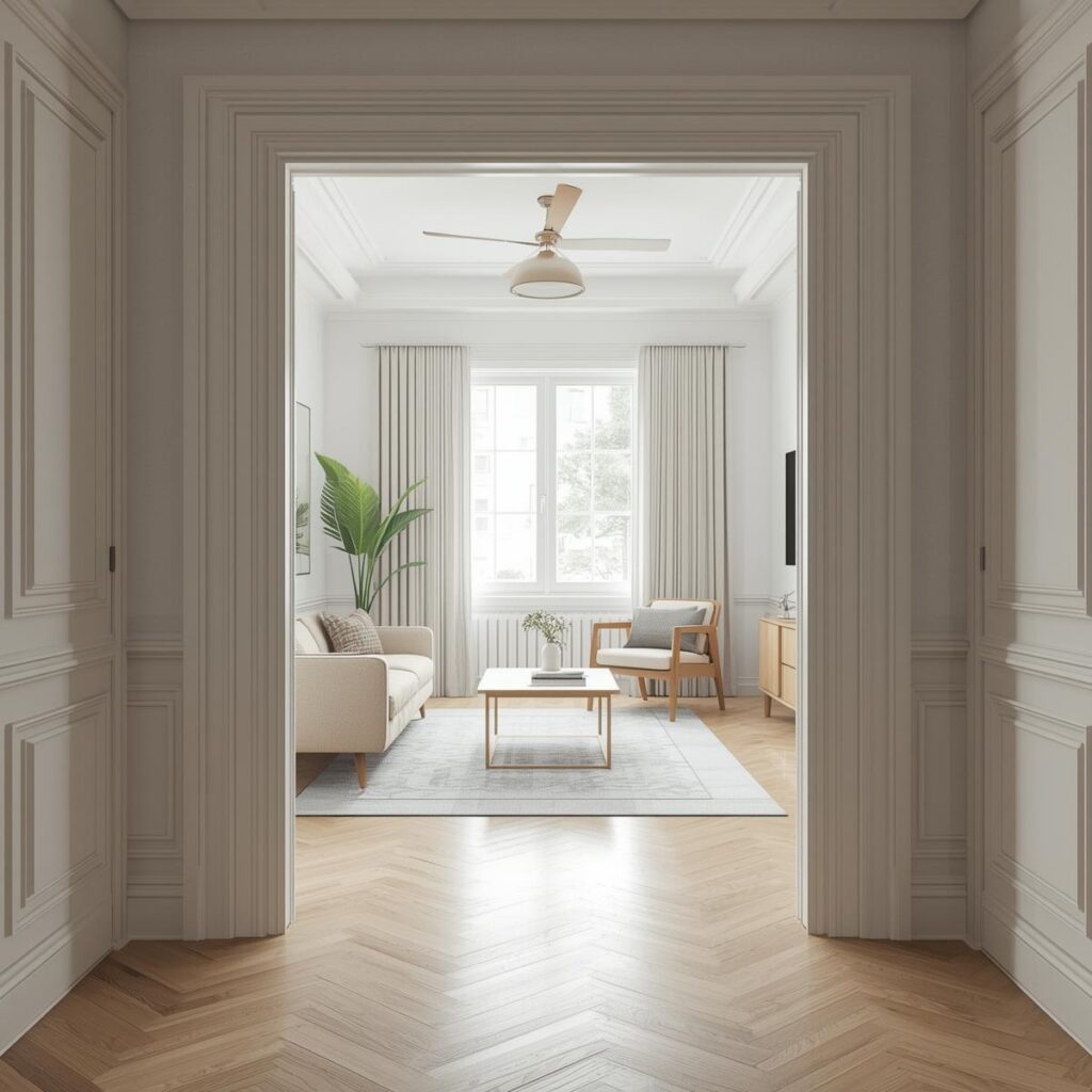 関から見える清潔に整ったリビング。帰宅後の安心感を感じさせる明るく整った空間のイメージ画像