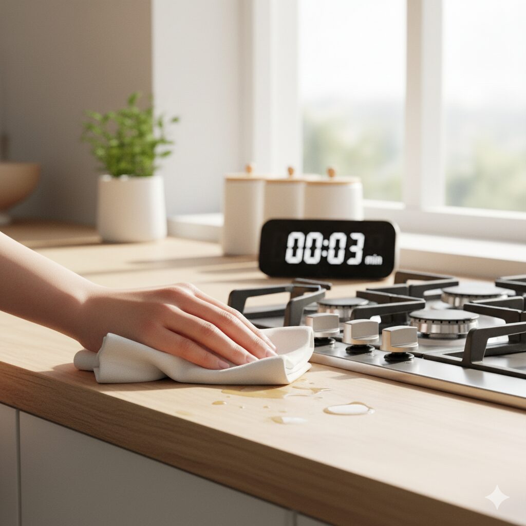 明るいキッチンで布巾を使いコンロの油ハネを拭き取る手元。調理後3分でできる簡単な予防掃除。