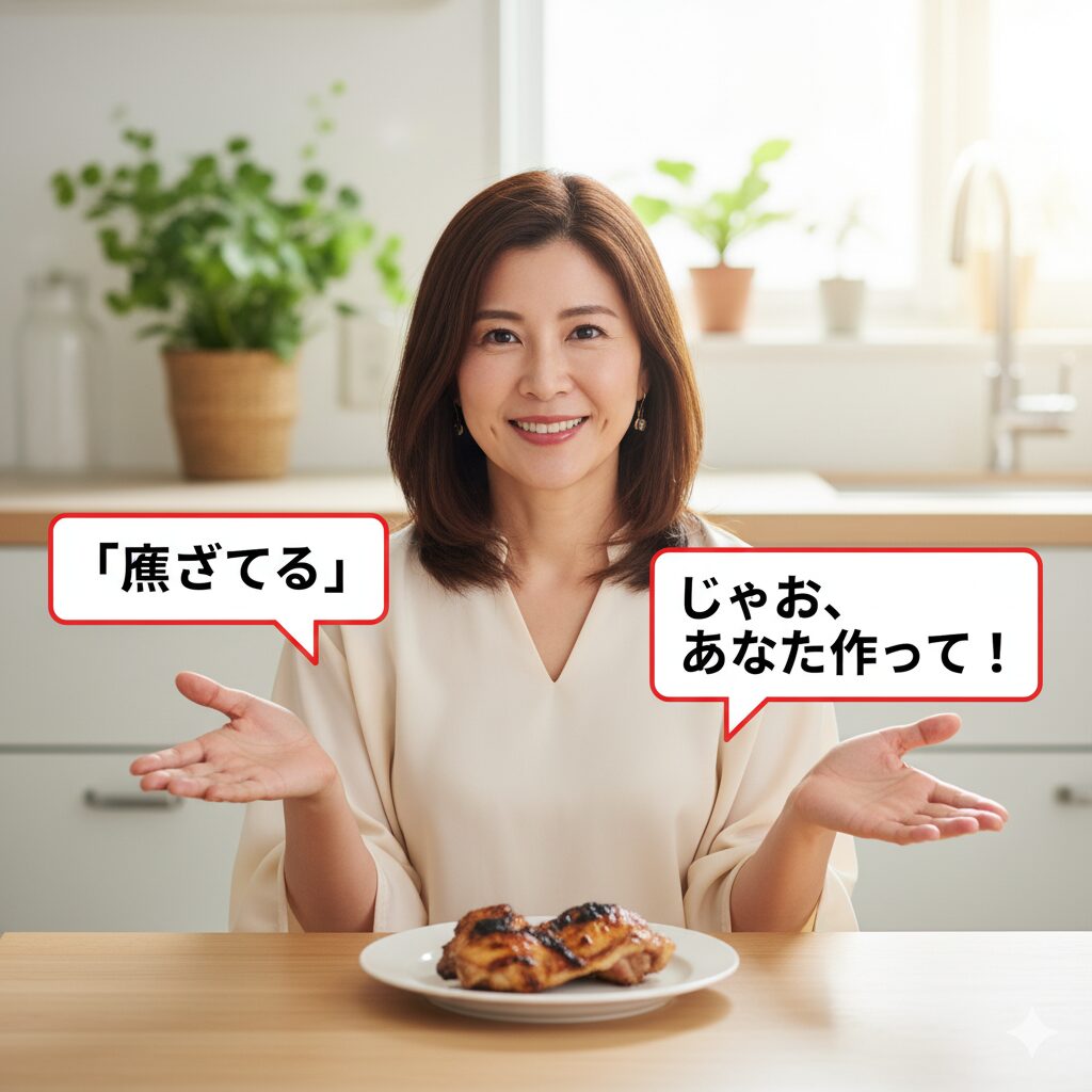料理が焦げても気にせず笑顔の女性。「じゃあ、あなたが作って」というユーモラスな切り返し。