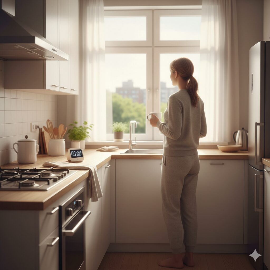 明るいキッチンで布巾を使いコンロの油ハネを拭き取る手元。調理後3分でできる簡単な予防掃除。