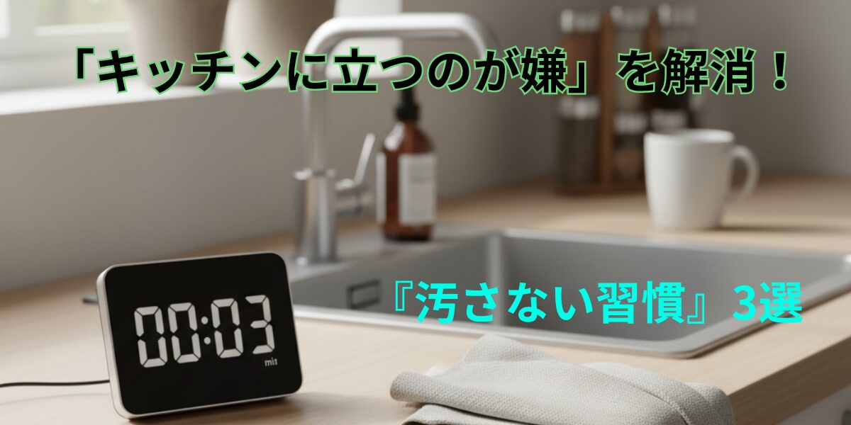 清潔なキッチンのシンク周りに置かれた3分タイマーと布巾。「キッチンに立つのが嫌」を解消する『汚さない習慣』のアイキャッチ。