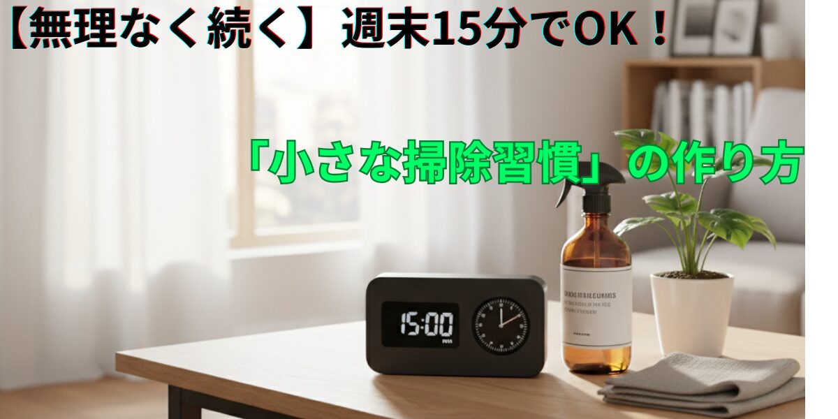 【無理なく続く】週末15分でOK！掃除習慣の作り方を示すアイキャッチ。