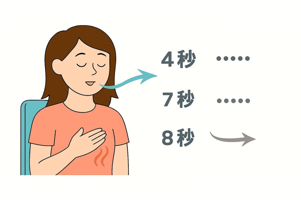 椅子に座った女性が目を閉じて呼吸している。鼻から吸い、息を止め、口から吐く流れを矢印で示している