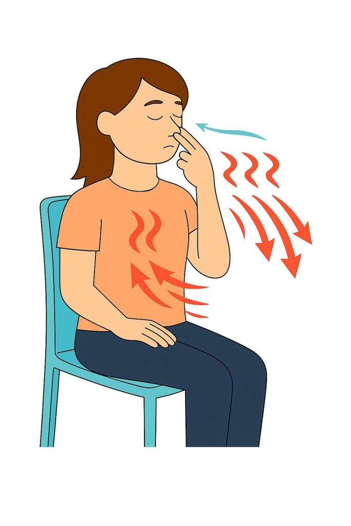 カパラバティ呼吸を行う女性。腹部を素早く引き締めて短く強く吐く動作を繰り返している