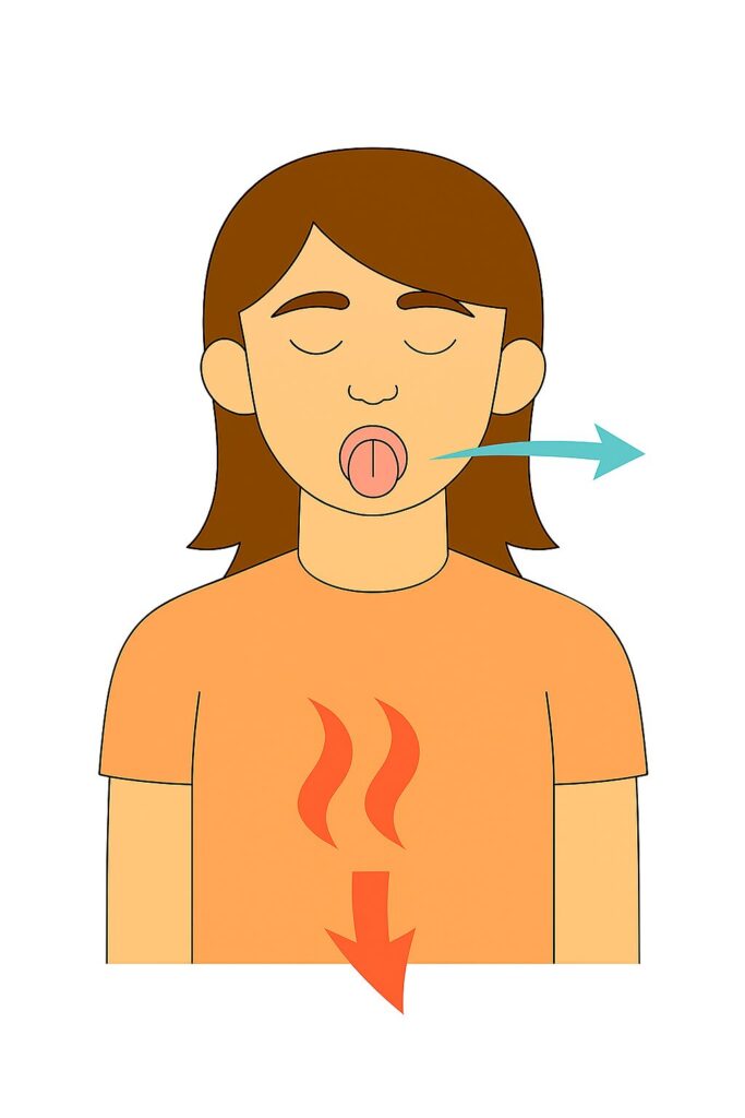 正面を向いた女性が舌を丸めて口から息を吸い、鼻からゆっくり吐いている様子