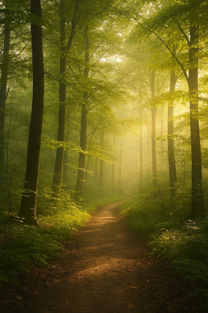 木漏れ日が差し込む静かな森林の風景。緑豊かな木々と奥へ続く小道が広がる