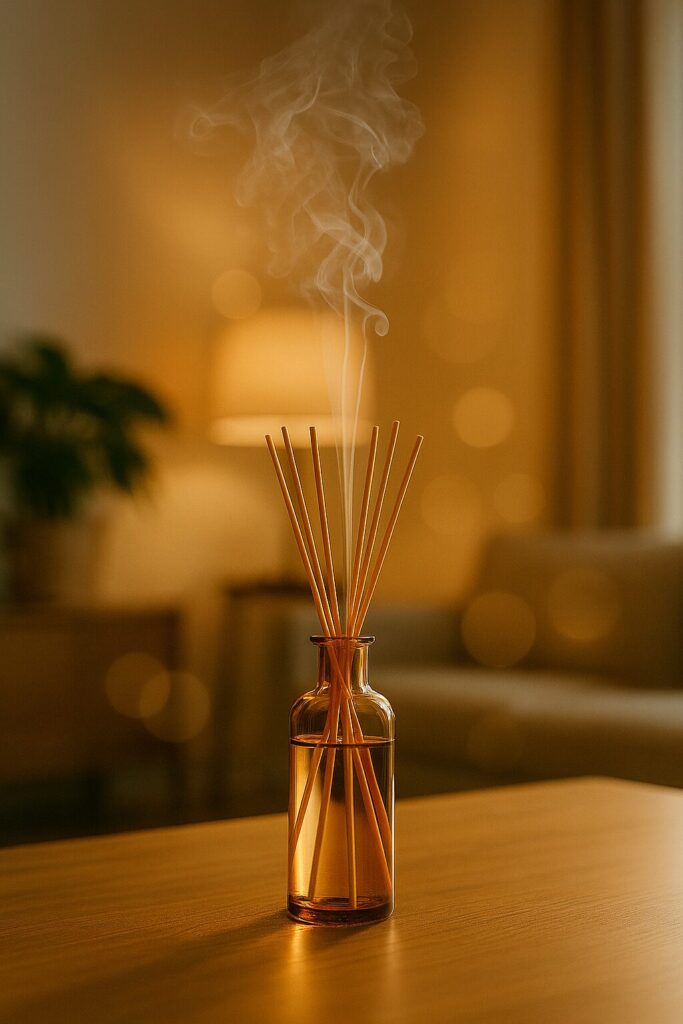 ルームフレグランスの香りが漂う洋風リビング。アンバー色のボトルから柔らかな煙が立ち上り、観葉植物や間接照明がある落ち着いた空間