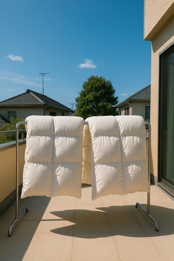 晴れた日にベランダで干されたふかふかの布団。青空の下、太陽の光を浴びて清潔感と心地よさが漂う風景