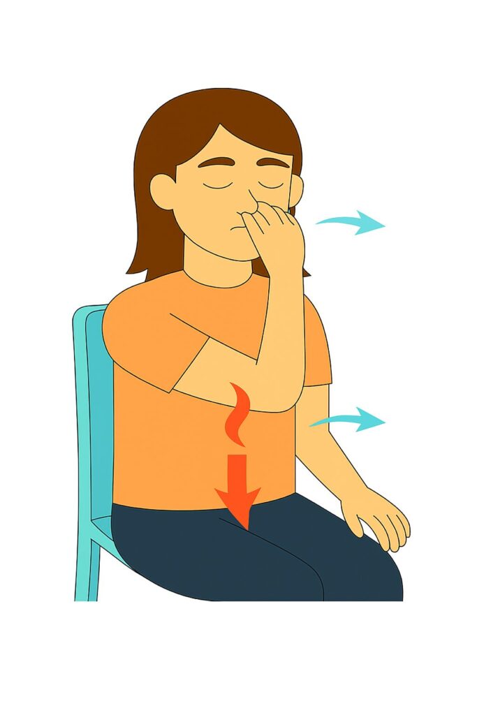 椅子に座った女性が右手の親指で右鼻を押さえ、左鼻から息を吸っている様子