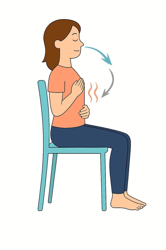 椅子に背筋を伸ばして座る女性が胸に手を当てて呼吸している様子。鼻から息を吸い、胸が広がる動きを示している