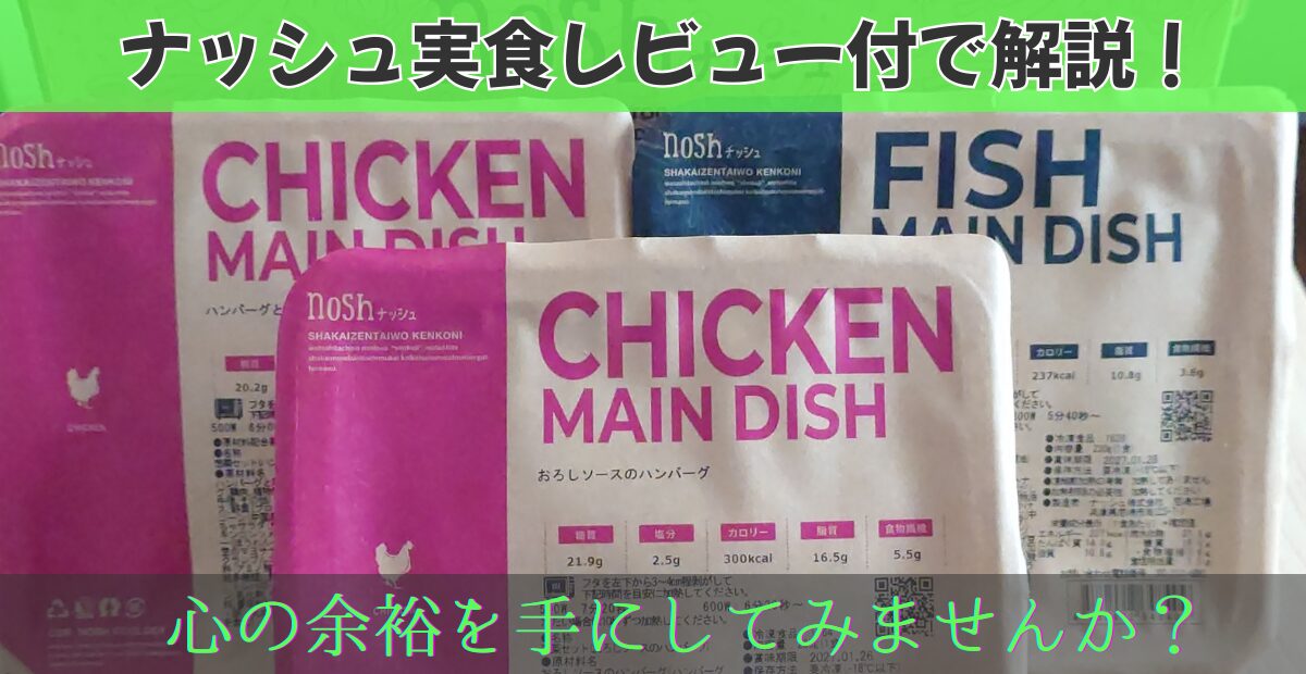 nosh（ナッシュ）の実食レビューパッケージ画像。「心の余裕を手にしてみませんか？」というメッセージ付き。
