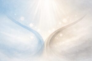 淡い青と暖かいグレーの水彩グラデーションに、上から柔らかな光が差し込む抽象イラスト。穏やかな光粒が漂い、静かな安心感とやさしい支えを表現。
