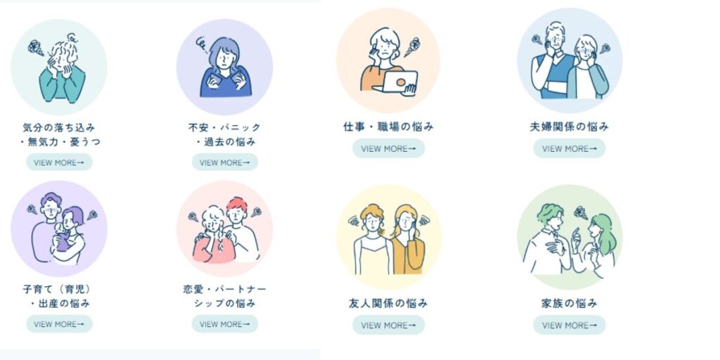 「Kimochiのカウンセラー検索画面。8つのカテゴリーから悩みに合う相談相手を選べる一覧」